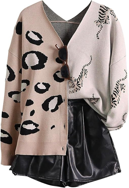WDIRARA Women's Leopard Tiger Print Cardigan V Neck Long Sleeve Color Block Button Down Sweater O... | Amazon (US)
