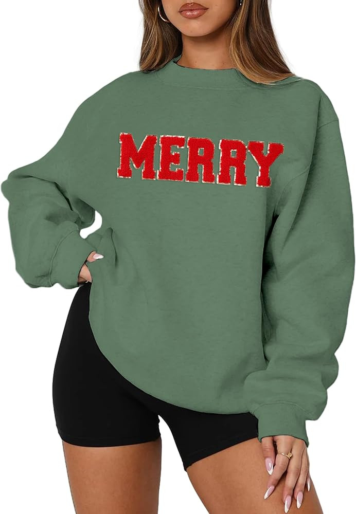 MAPICK Merry Sweatshirt for Women Christmas Fleece Linend Sequin Sweaters Crewneck Oversized Long... | Amazon (US)