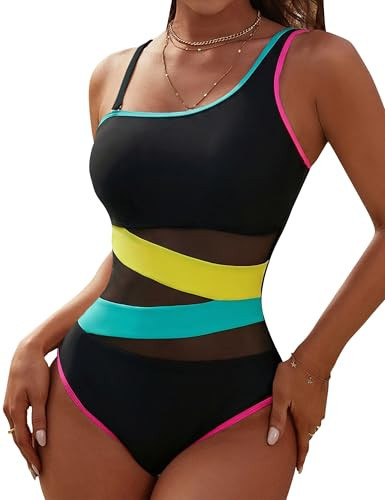 Blooming Jelly Women's Sexy One Piece Bathing Suits One Shoulder Swimsuits Slimming Mesh Swimwear (Medium, Black and Neon) | Amazon (US)