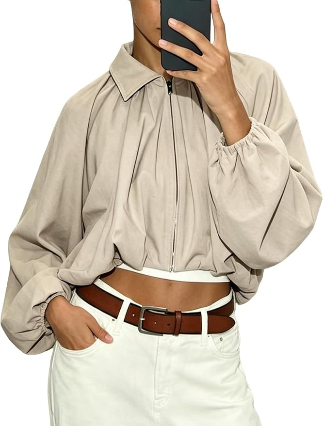 Women's Collared Full Zip Bubble Long Sleeve Cropped Jacket | Amazon (US)
