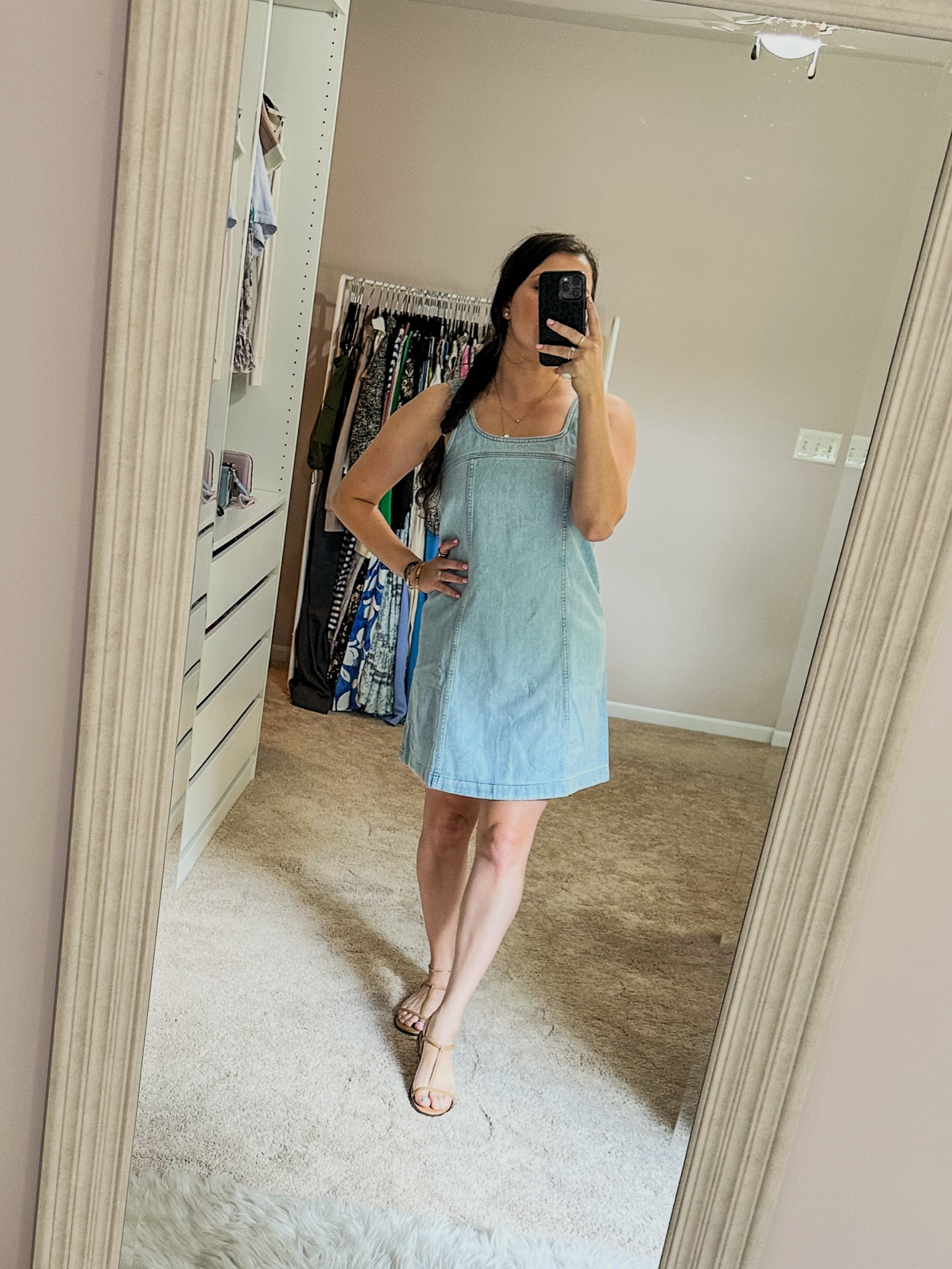 Denim sundress and the perfect go with everything neutral t strap sandals 

#LTKShoeCrush #LTKSaleAlert #LTKFindsUnder100