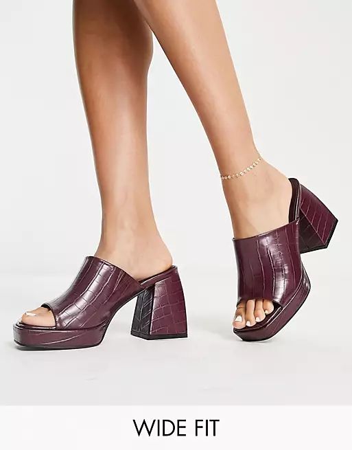 Glamorous Wide Fit chunky croc mules in burgundy | ASOS (Global)