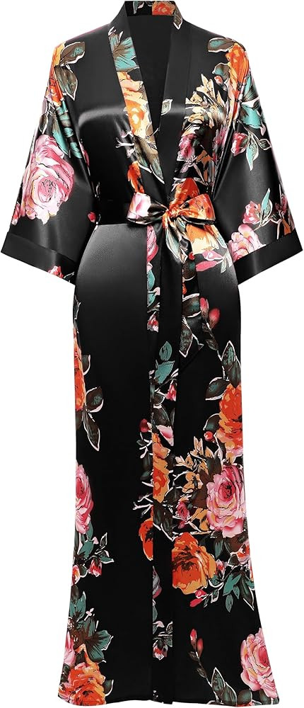 BABEYOND Women's Kimono Robe Long Satin Silky Floral Lightweight Bridesmaid Wedding Bachelorette ... | Amazon (US)