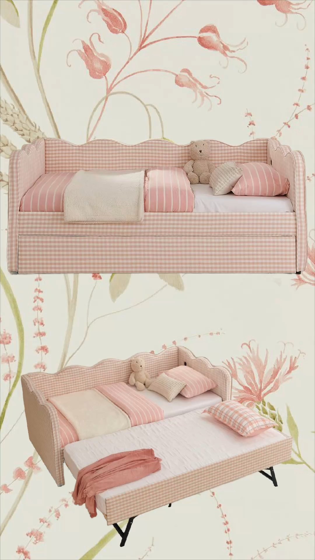 Girls room pink gingham scalloped bed! 