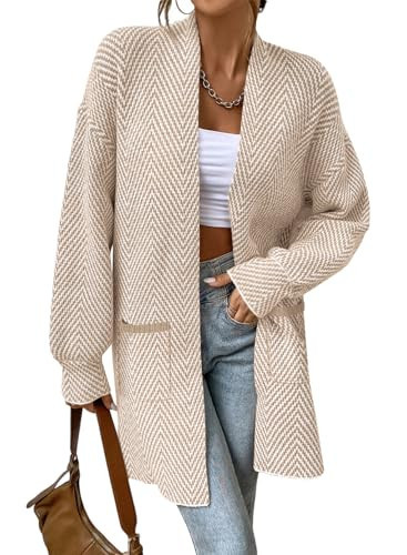 Sidefeel Cardigan Sweaters for Women Long Sleeve Open Front Chevron Fall Sweaters Chunky Knit Oversized Sweaters Coat Apricot S | Amazon (US)