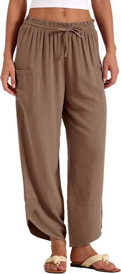 LOMON Women Linen Palazzo Pants Boho Wide Leg Elastic Waisted Casual Capri Pant Summer Harem Loun... | Amazon (US)