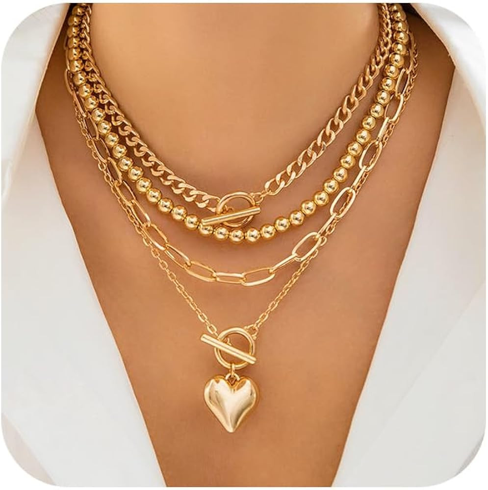 Chunky Gold Layered Puffy Heart Pendant Necklace for Women Vintage Silver Stack Paperclip Choker ... | Amazon (US)