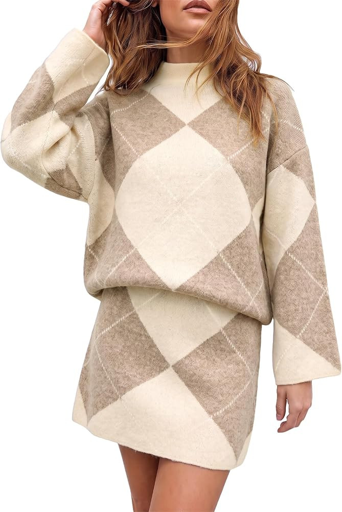 Cicy Bell Women Argyle Sweater Skirt Sets 2 Piece Outfits Plaid Knit Skirts | Amazon (US)
