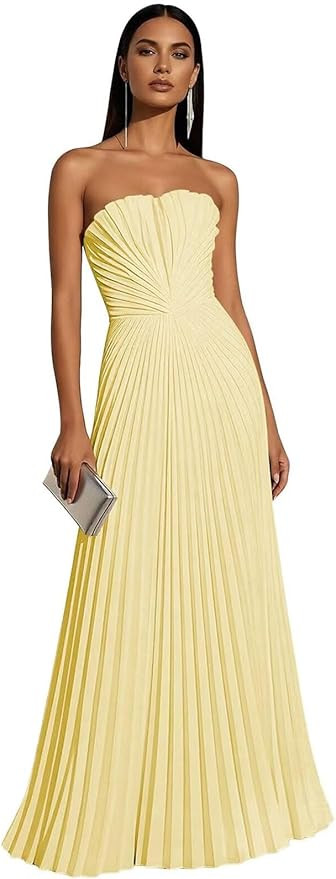 Strapless Chiffon Prom Dresses 2026 Long Pleated Flowy A Line Formal Wedding Guest Maxi Dress for... | Amazon (US)