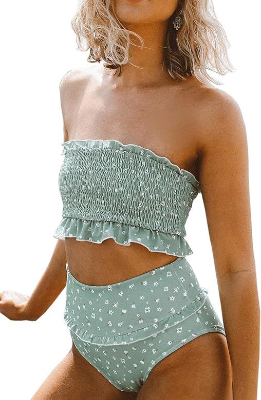 Women's Summer Floral Printed High Waist Ruched Smocked Beach Bikini Sets Swimsuit Bathing Suit | Amazon (US)