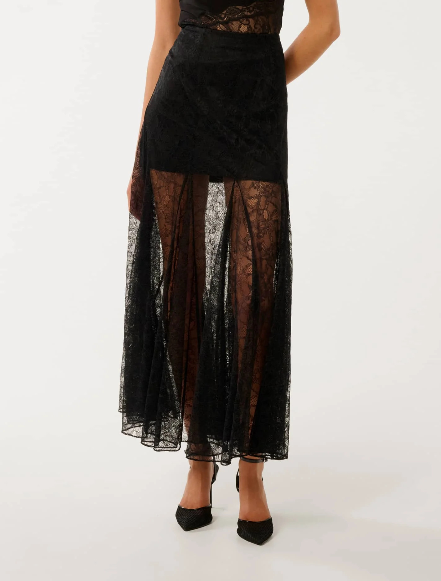 Forever New Women's Mahalia Godet Lace Midi Skirt in Black | Forever New (AU)