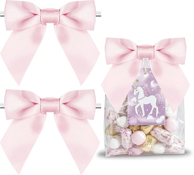 RainbowPana 50 Pack 4.5" Twist Tie Bows, Luxury Baby Pink Satin Ribbon Pretied Bows, Premade Craf... | Amazon (US)