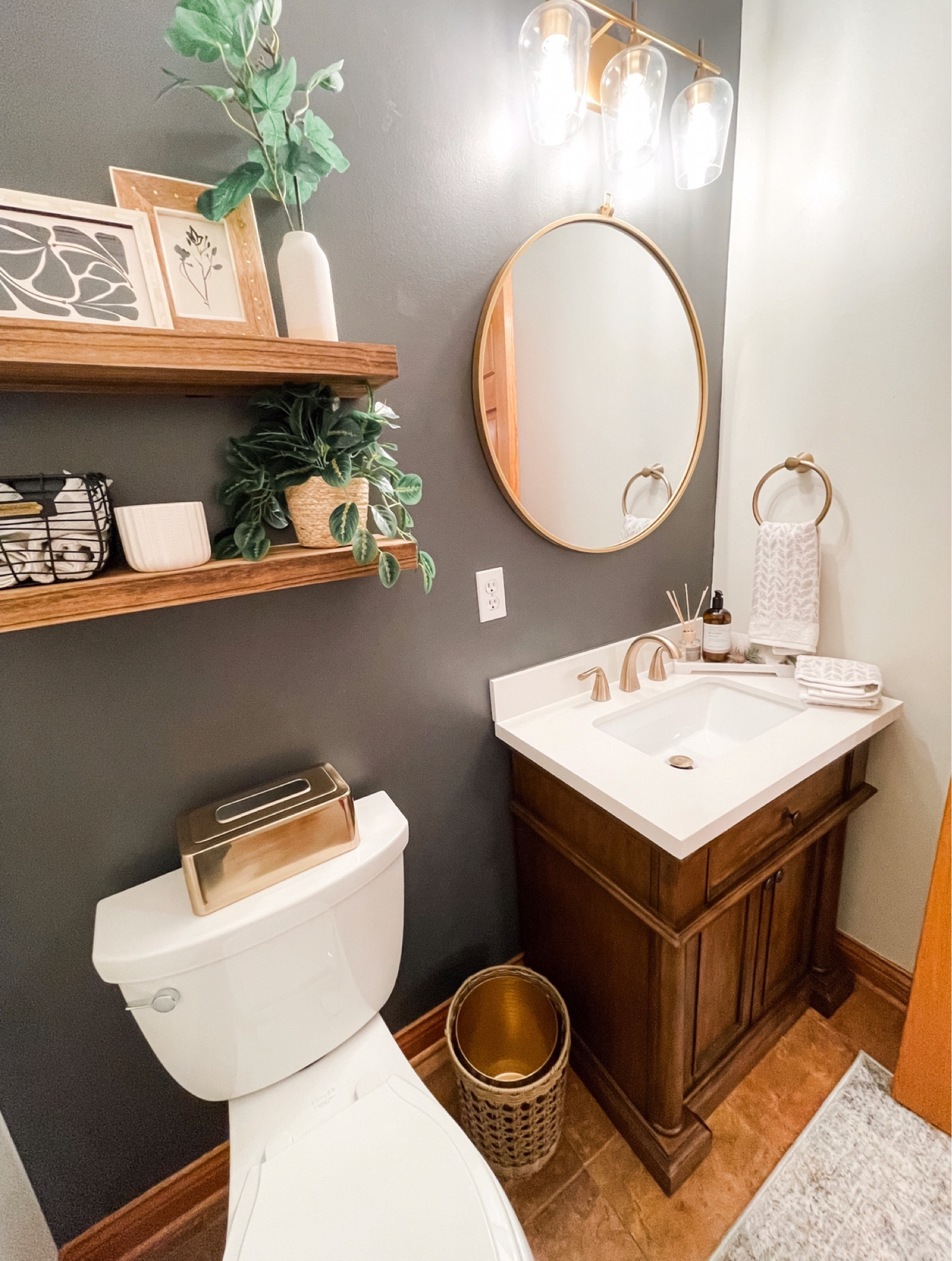 Powder bathroom. Floating shelves. Wood vanity. Round mirror. Toilet. Decor  

#LTKhome #LTKFind #LTKstyletip