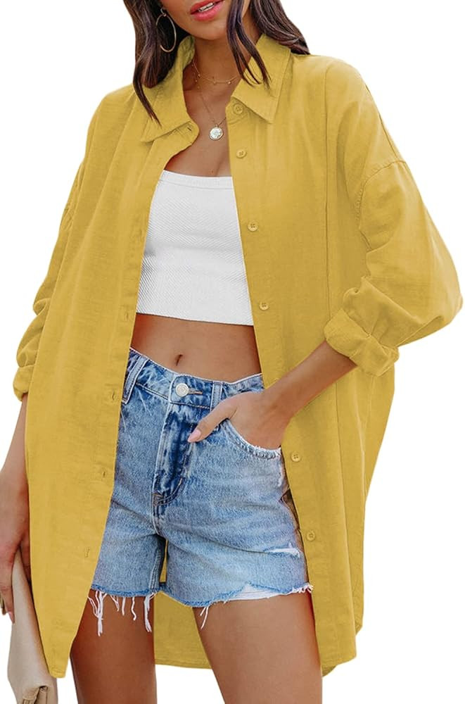 FSHAOES Womens Oversized Button Down Shirts Casual Loose Long Sleeve Solid Lapel Long Blouses Top... | Amazon (US)