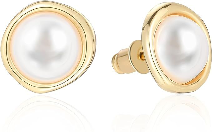 MESOVOR Gold Pearl Stud Earrings for Women, 16K Gold Plated Classic Elegant Pearl Earrings | Smal... | Amazon (US)