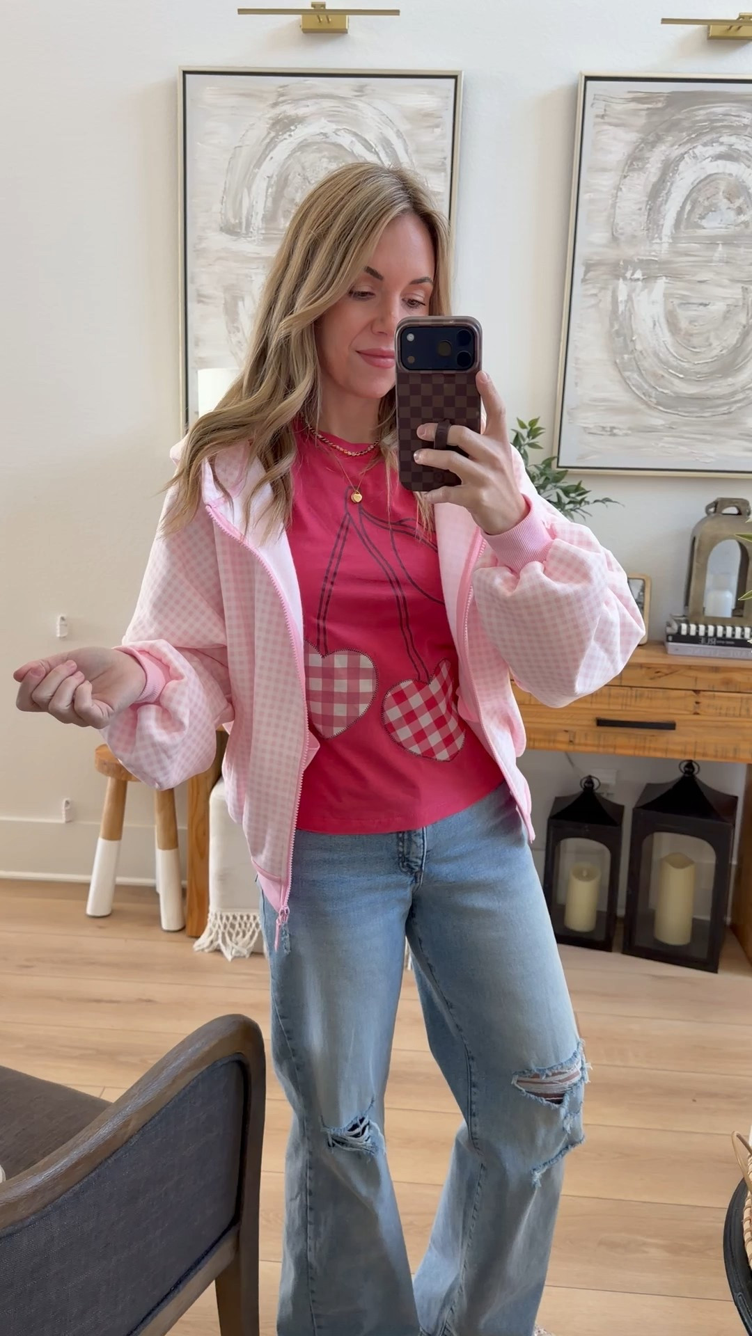 Tee is tts and this is a small. I sized down in the jeans to a 2 because they run lose and get loser as you wear. Also sized down in the zip hoodie to XS because it runs baggy. 

#LTKootd #LTKValentine