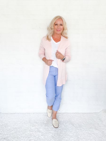 Long baby pink cardigan paired with blue chambray crop pants and white Tory Burch mules for a casual spring outfit / business casual outfit / teacher outfit.

#LTKSeasonal #LTKshoecrush #LTKworkwear