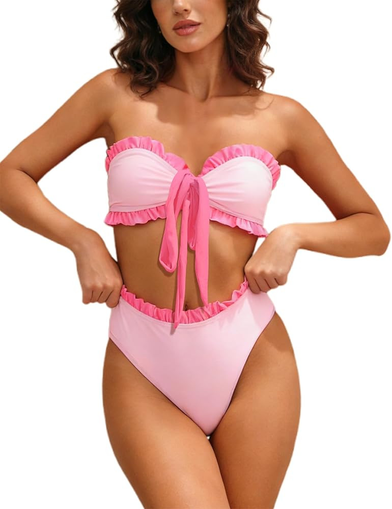 HYPERFIRE Women's Strapless Tube Bandeau Bikini Sets Bow Front High Waist Two Piece Swimsuit | Amazon (US)