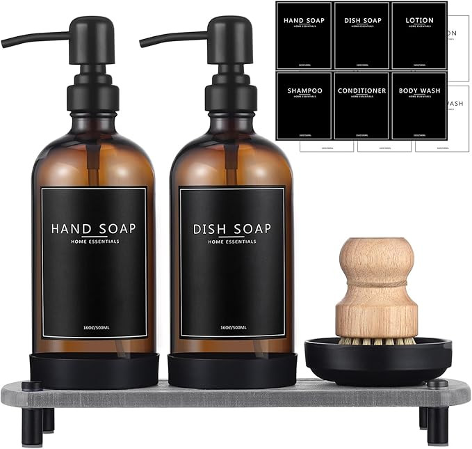 Kitchen Soap Dispenser Set with Instant Dry Tray,16 Oz Hand and Dish Soap Amber Glass Dispenser S... | Amazon (US)