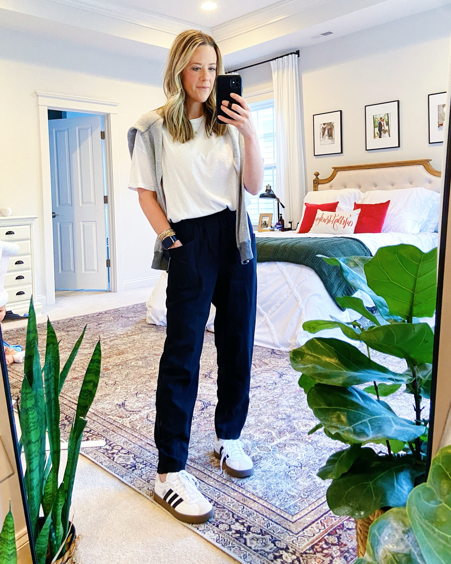 Casual workwear 

White Tee: Old Navy. Wearing an XS. 
Grey Sweater: This one is my husbands that I accidentally shrank 🫣 Linking similar ones from Amazon 
Trousers: Old Target. Linking some from H&M
White Sneakers: Adidas Court run TTS. A more affordable version of the Sambas. 

Elevated Mom Style | Nursing Friendly Outfit | Casual Friday Outfit | Weekend Outfit | Trousers and Sneakers | Sambas Outfit | Preppy Stye

#LTKfindsunder50 #LTKworkwear #LTKfamily