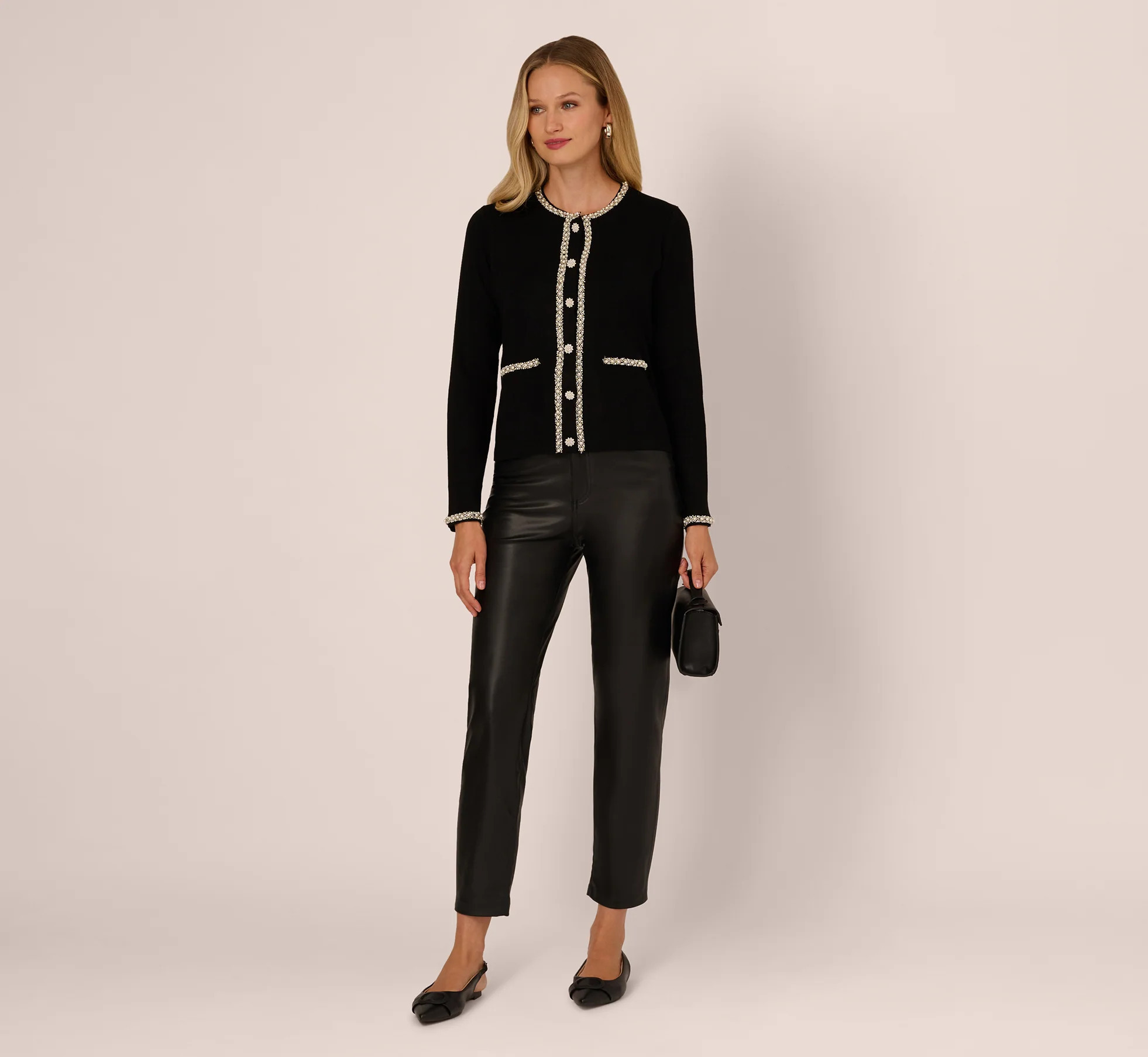 Long Sleeve Pearly Trim Cardigan Sweater In Black | Adrianna Papell