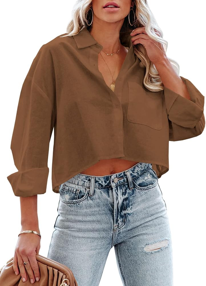 Tankaneo Womens Button Down Cropped Shirts Long Sleeve Crop Tops Blouses | Amazon (US)