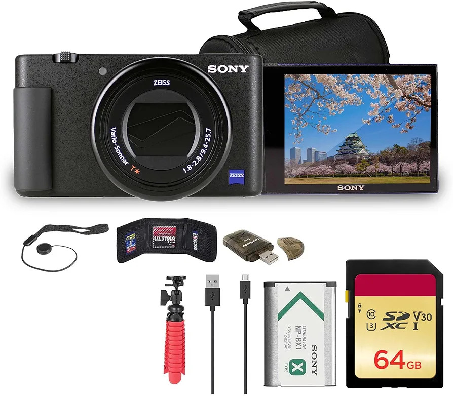 Sony ZV-1 Digital Camera (Black) (DCZV1/B) + 64GB Memory Card + Case + Card Reader + Flex Tripod ... | Amazon (US)