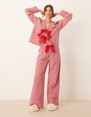 ASOS DESIGN lounge collared tie front shirt and pants set in red gingham | ASOS (Global)
