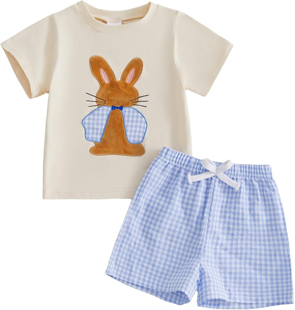 Toddler Baby Boy Girl Easter Outfits Short Sleeve Embroidery Rabbit Carrot T-shirt Plaid Shorts S... | Amazon (US)