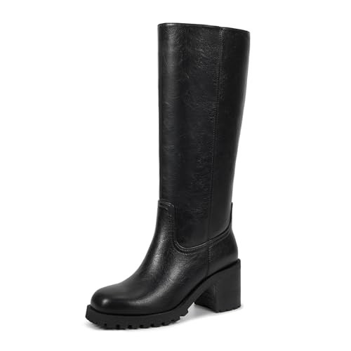 ISNOM Black Knee High Boots for Women Square Toe Block Heel Riding Boots with Chunky Non-Slip Lug Sole Side Zipper Comfortable Campus Platform Tall Boot (Black Size10) | Amazon (US)