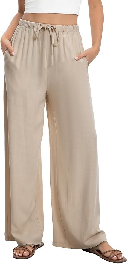 HONGTEYA Linen Pants for Women Wide Leg Palazzo Trousers Cotton Flowy Pants with Pockets for Summ... | Amazon (US)