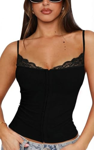 Women Sexy Date Night Going Out Tops Slim Fit Sleeveless Lace Trim Tank Bustier Tops for Coachella Date Night Club, County Concert Outfits, Cute Nashville Vegas Outfits, Black, Large | Amazon (US)