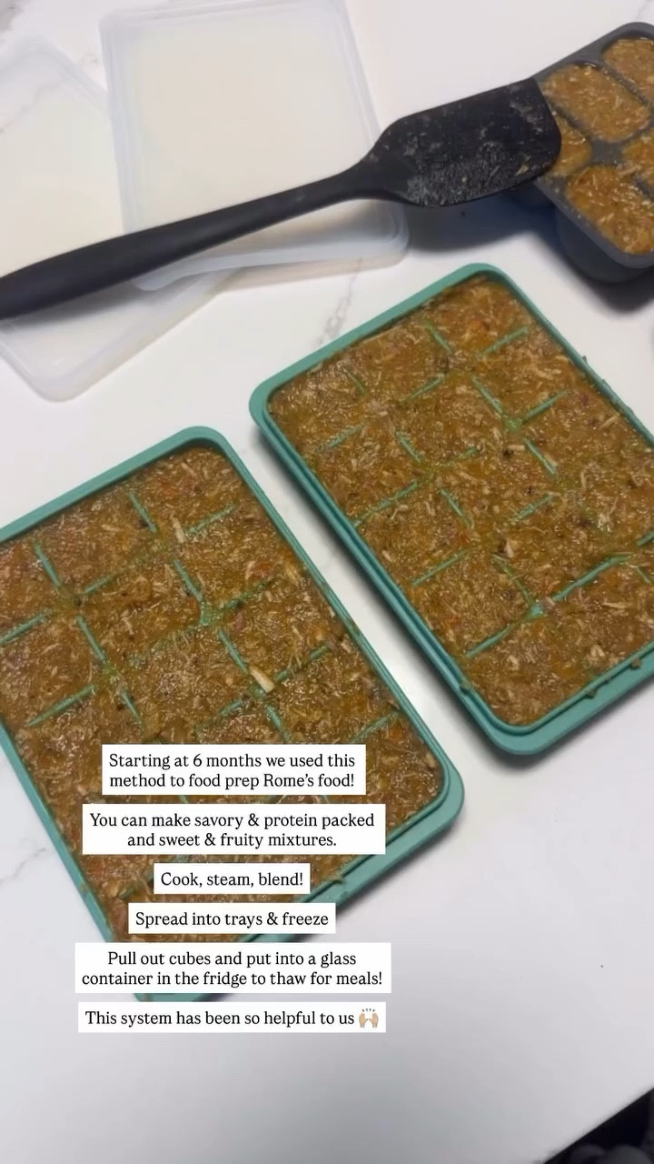 Starting at 6 months we used this 
method to food prep Rome’s food! 

You can make savory & protein packed and sweet & fruity mixtures. 

Cook, steam, blend!

Spread into trays & freeze

Pull out cubes and put into a glass container in the fridge to thaw for meals! 

This system has been so helpful to us 🙌🏼

#LTKKids #LTKmomlife #LTKBaby