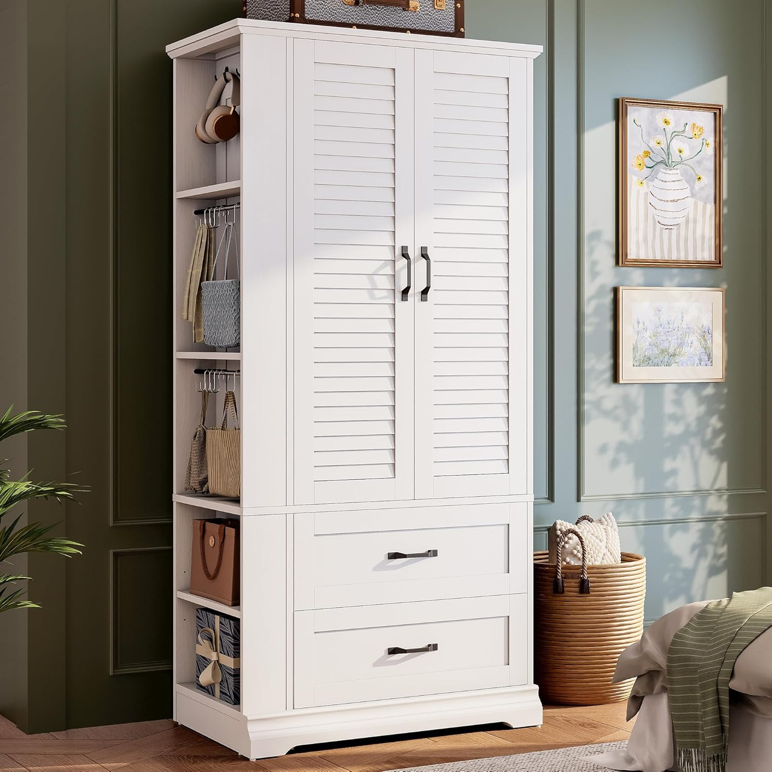 IRONCK Armoire Wardrobe Closet, 70.87" H Wooden Bedroom Armoire with 2 Louvered Doors, 2 Drawers ... | Amazon (US)