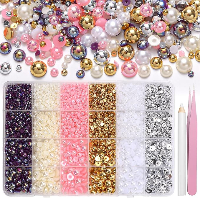 9000Pcs Flatback Pearls for Crafting, Silver Gold White Nail Half Pearls, 3-8mm Color Pink Beige ... | Amazon (US)