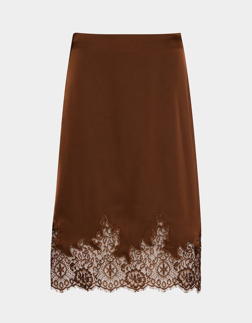 LACE SLIP SKIRT BROWN Women's Brown Midi Slip Skirt with Lace Trim | Betsey Johnson