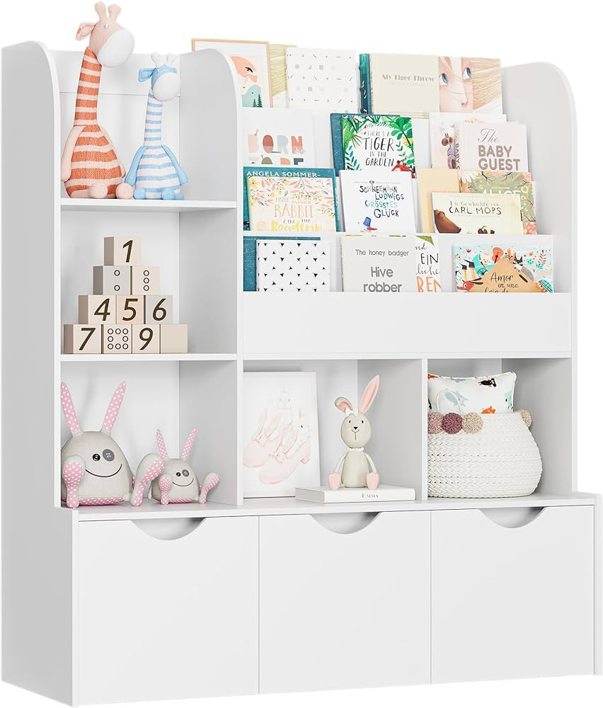 FOTOSOK 47'' Kids Bookcase and Bookshelf, Multifunctional Bookcase with 5 Storage Cubbies and 3 M... | Amazon (US)