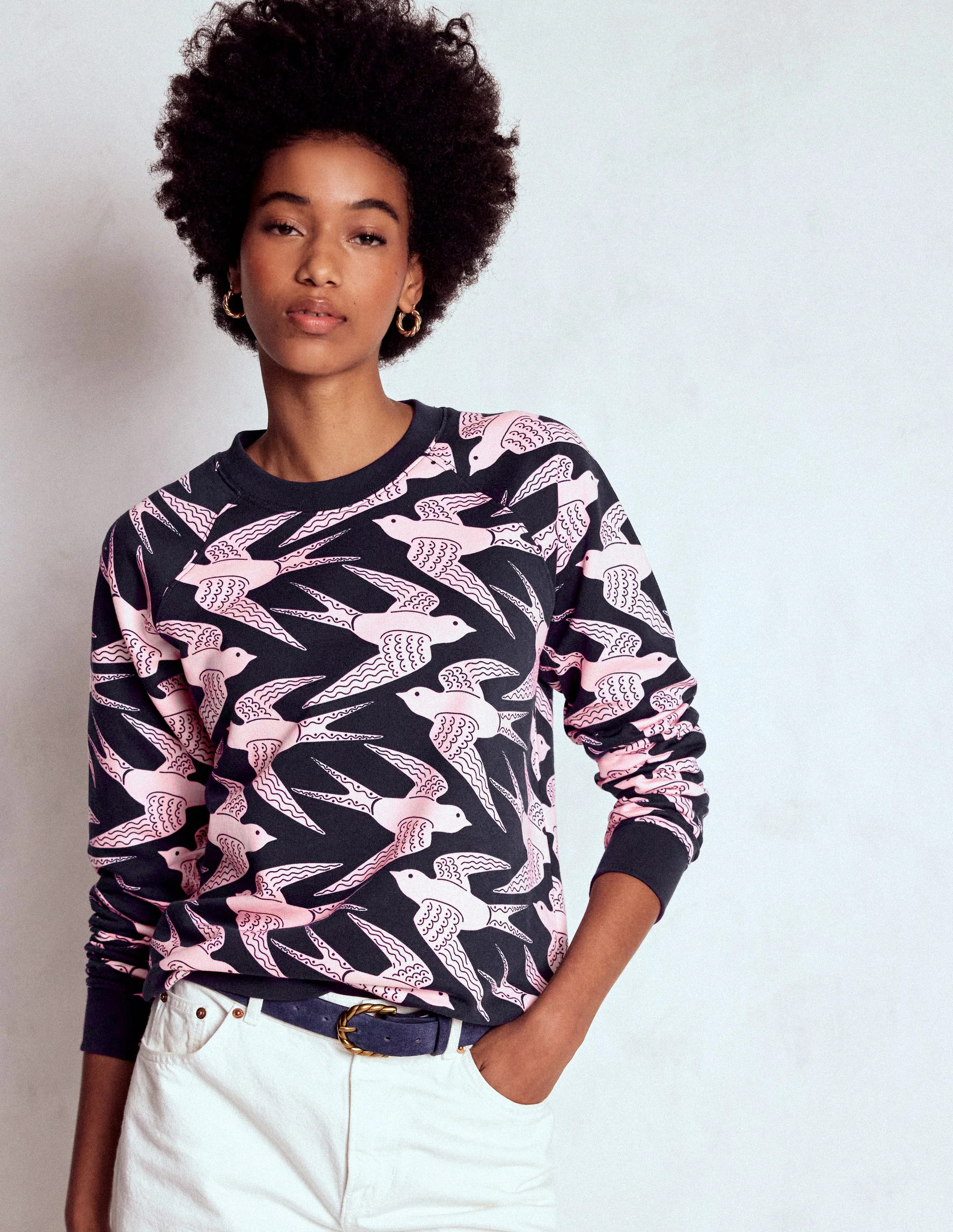 Rosa Printed Sweatshirt-Navy, Pink Swooping Swallow | Boden (US)