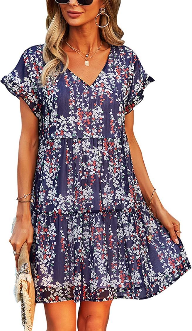 Theenkoln Women Tunic Dress V Neck Short Sleeve Ruffle Floral Printed Casual Loose Flowy Swing Shift | Amazon (US)