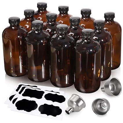[ 12 Pack, 16 OZ ] Glass Amber Bottles with Black Poly Cone Cap & 3 Stainless Steel Funnels & 12 ... | Amazon (US)