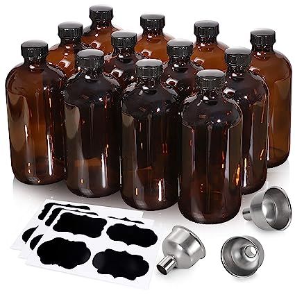 [ 12 Pack, 16 OZ ] Glass Amber Bottles with Black Poly Cone Cap & 3 Stainless Steel Funnels & 12 ... | Amazon (US)