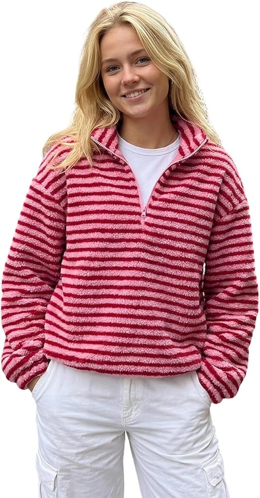 Pivanzore Women's Striped Fleece Jacket Color Block Half Zip Sherpa High Neck Pullover Trendy Ove... | Amazon (US)