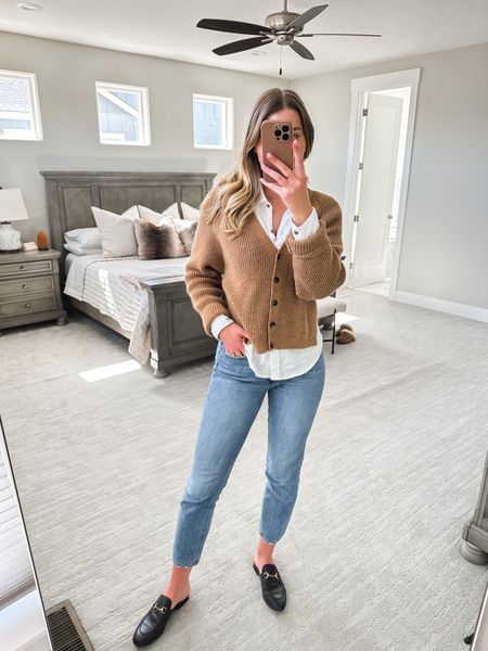 Classic outfit, cardigan, white button up, Gucci mules, Amazon jeans 

#LTKworkwear