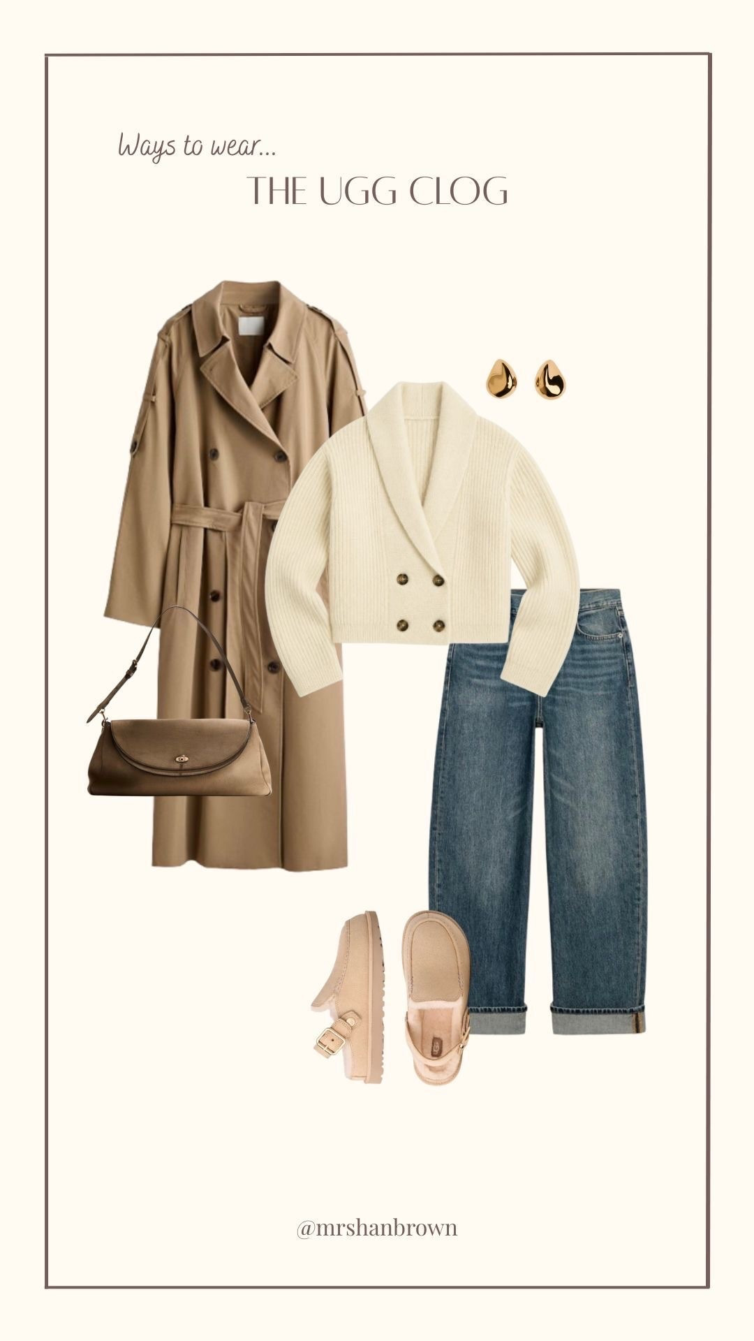 A way to wear the sand UGG clogs ✨

Autumn outfit, ootd, knitwear, autumn shoes, trench coat, suede, baggy jeans, transitional outfit

#LTKuk #LTKautumn #LTKshoes
