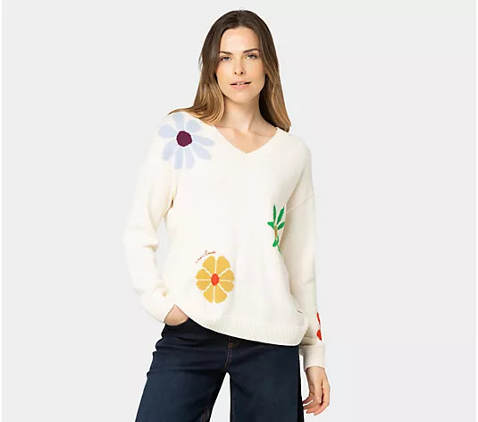 Peace Love World Garden Party Motif Cotton V-Neck Sweater - QVC.com | QVC