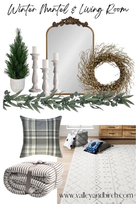 A winter mantle styled with arched mirror, white candle sticks, and white berry wreath.  Eucalyptus garland and cozy textured pillows and blankets can be used to keep the cozy and transition from Christmas to winter decor.

#LTKSeasonal #LTKHoliday #LTKhome