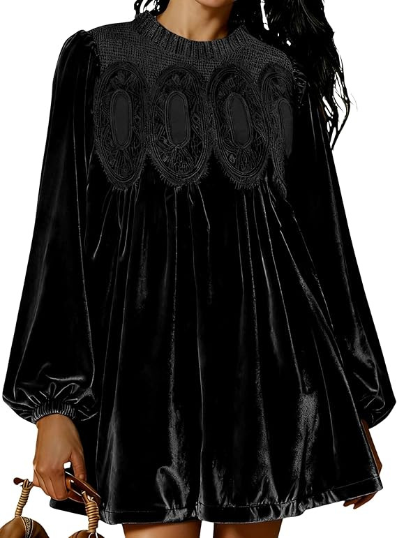 Womens A-Line Velvet Lace Overall Pleated Swing Babydoll Casual Skirtall Scallop Neck Flared Wedd... | Amazon (US)