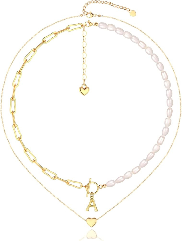 Nifsun Gold Initial Pearl Necklace for Women 14K Gold Plated Paperclip Link Chain Necklace Choker... | Amazon (US)