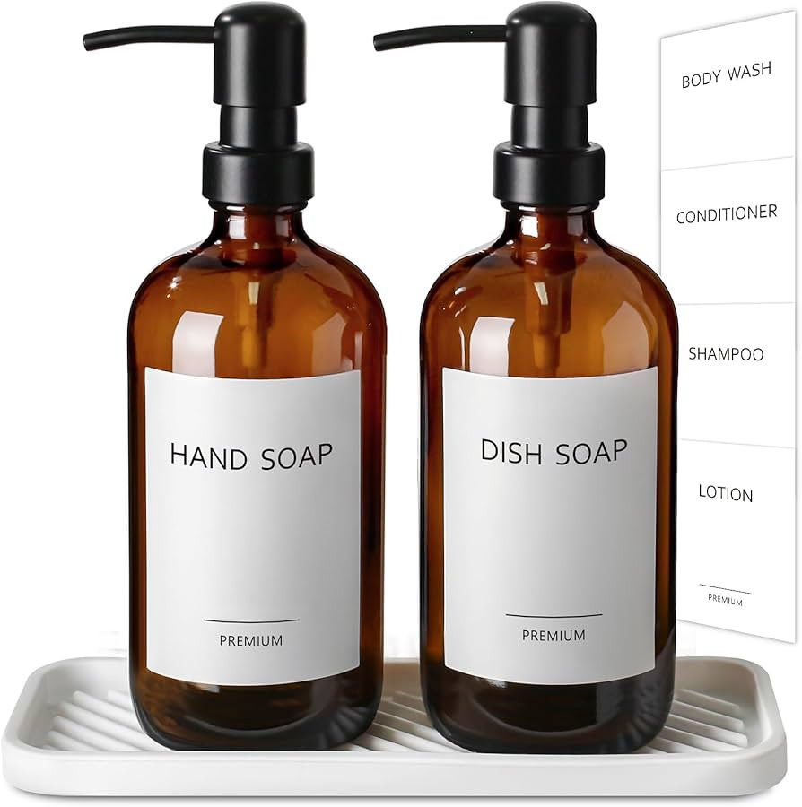 GMISUN Kitchen Soap Dispenser Set with Tray, 2 Pack 16 Oz Hand and Dish Soap Dispenser Set, Amber... | Amazon (US)