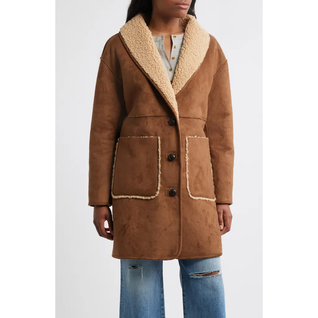 Lucky Brand Shawl Collar Faux Shearling Coat in Camel-Tan at Nordstrom Rack, Size X-Small | Nordstrom Rack